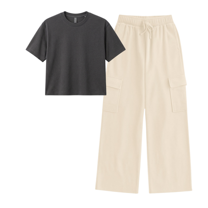 Cream Wide-Leg Cargo With Crop T-Shirt