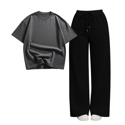 Black Wide-Leg Trouser With Oversized Drop Shoulder T-Shirt