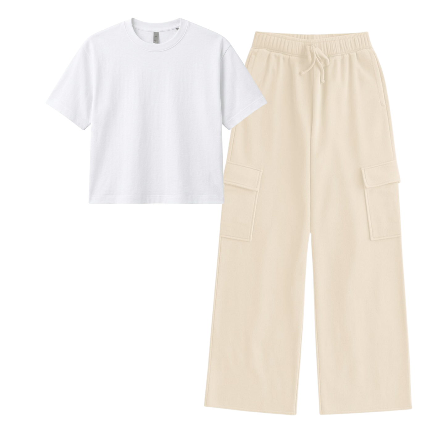 Cream Wide-Leg Cargo With Crop T-Shirt