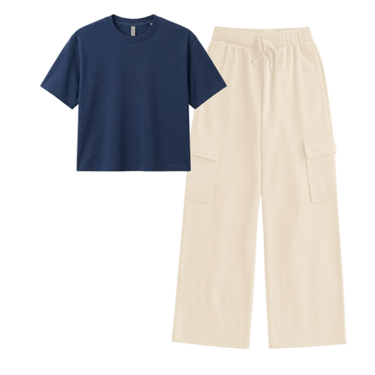 Cream Wide-Leg Cargo With Crop T-Shirt