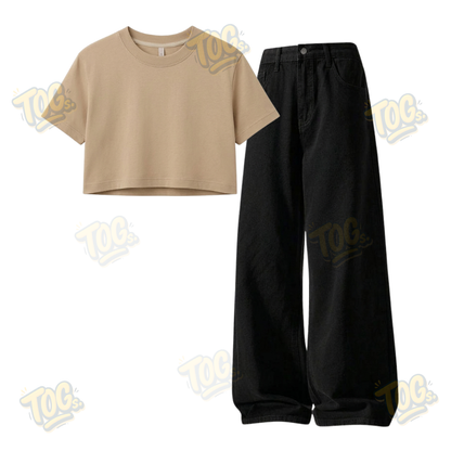 Black Wide-Leg Baggy Jeans With Crop T-Shirt