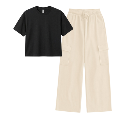 Cream Wide-Leg Cargo With Crop T-Shirt