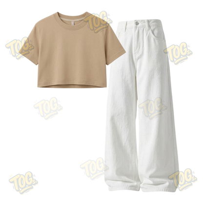 White Wide-Leg Baggy Jeans With Crop T-Shirt