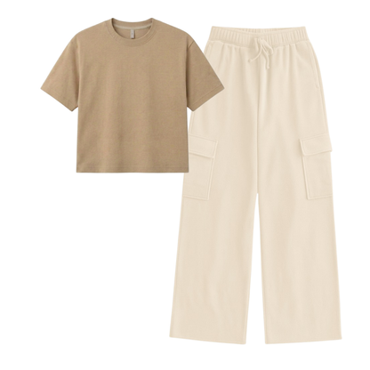 Cream Wide-Leg Cargo With Crop T-Shirt