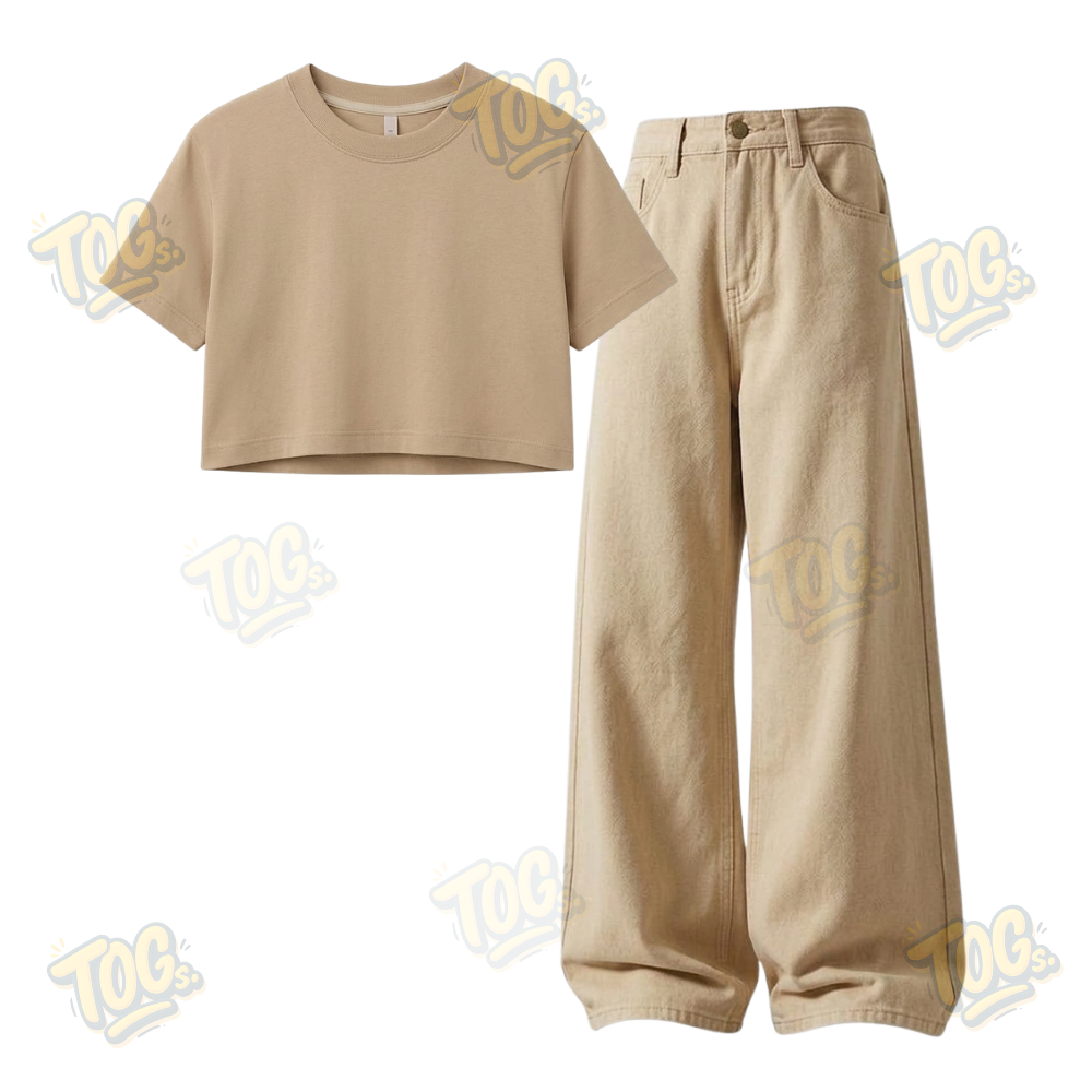 Beige Wide-Leg Baggy Jeans With Crop T-Shirt