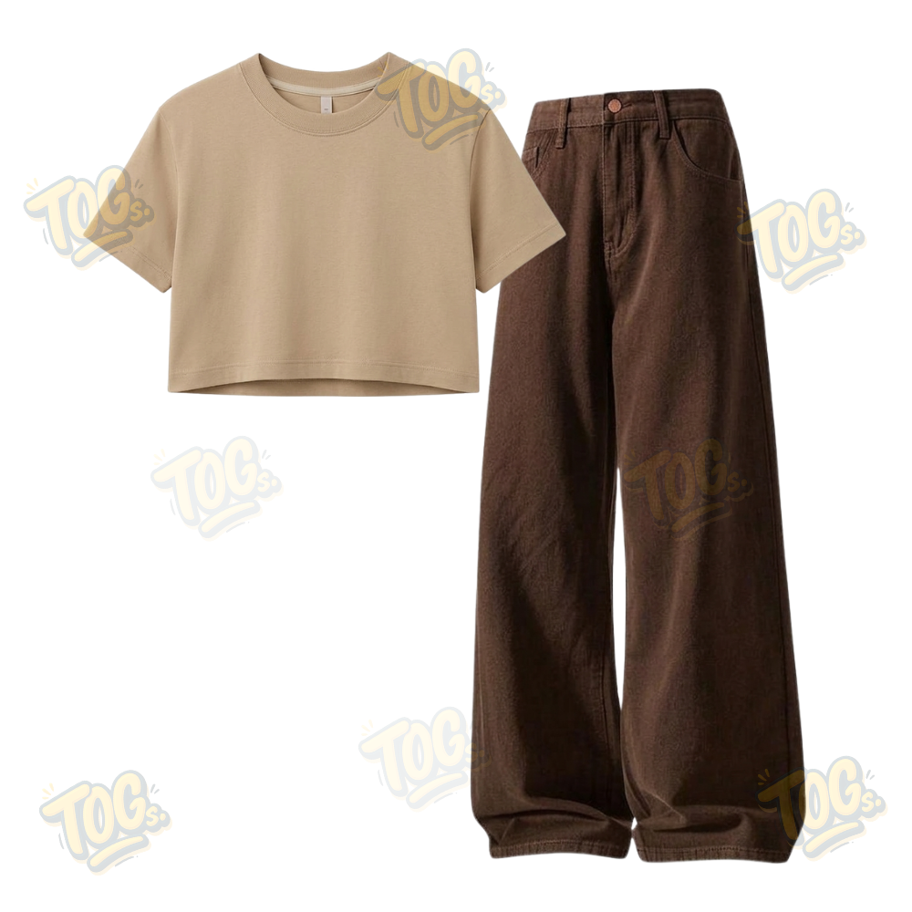 Brown Wide-Leg Baggy Jeans With Crop T-Shirt