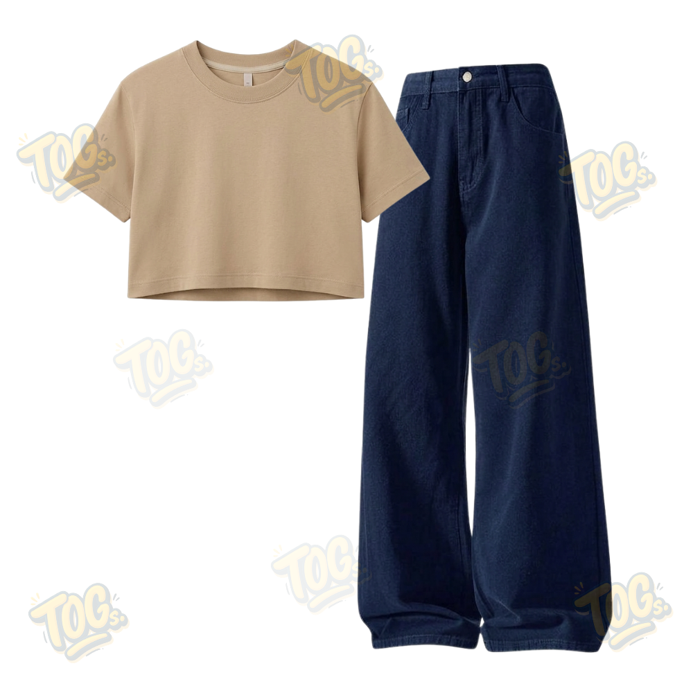 Darkblue Wide-Leg Baggy Jeans With Crop T-Shirt
