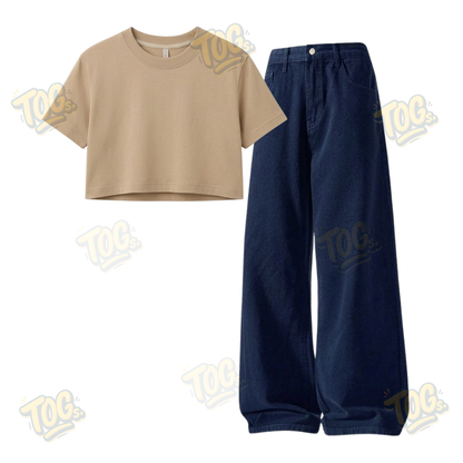 Darkblue Wide-Leg Baggy Jeans With Crop T-Shirt