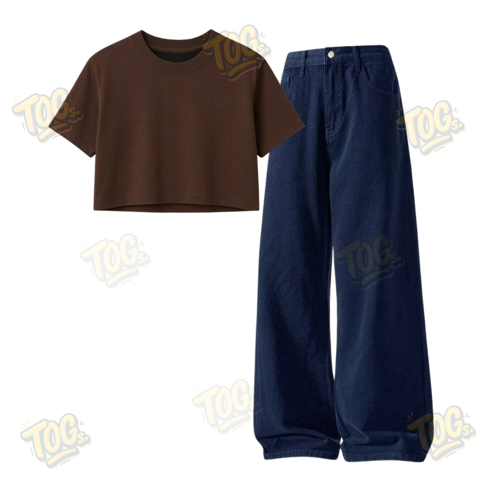 Darkblue Wide-Leg Baggy Jeans With Crop T-Shirt
