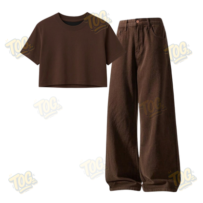Brown Wide-Leg Baggy Jeans With Crop T-Shirt