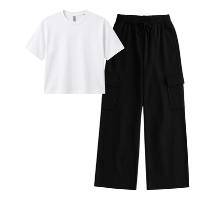 Black Wide-Leg Cargo With Crop T-Shirt