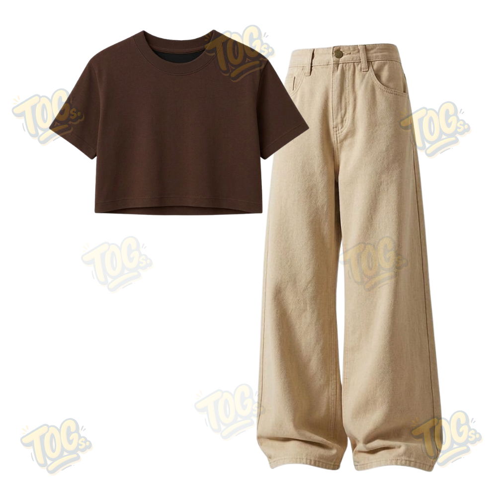 Beige Wide-Leg Baggy Jeans With Crop T-Shirt