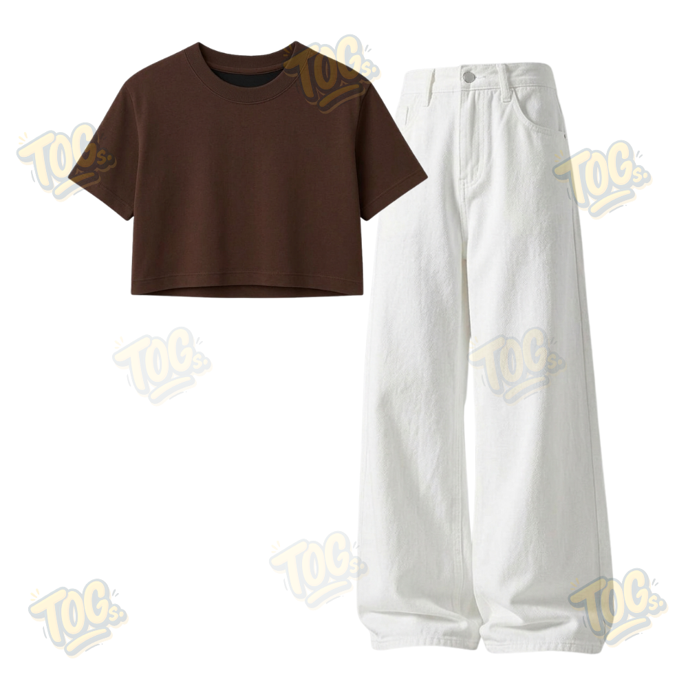 White Wide-Leg Baggy Jeans With Crop T-Shirt
