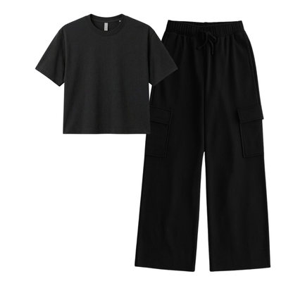 Black Wide-Leg Cargo With Crop T-Shirt
