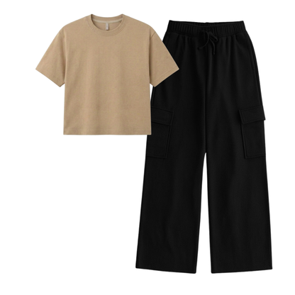 Black Wide-Leg Cargo With Crop T-Shirt