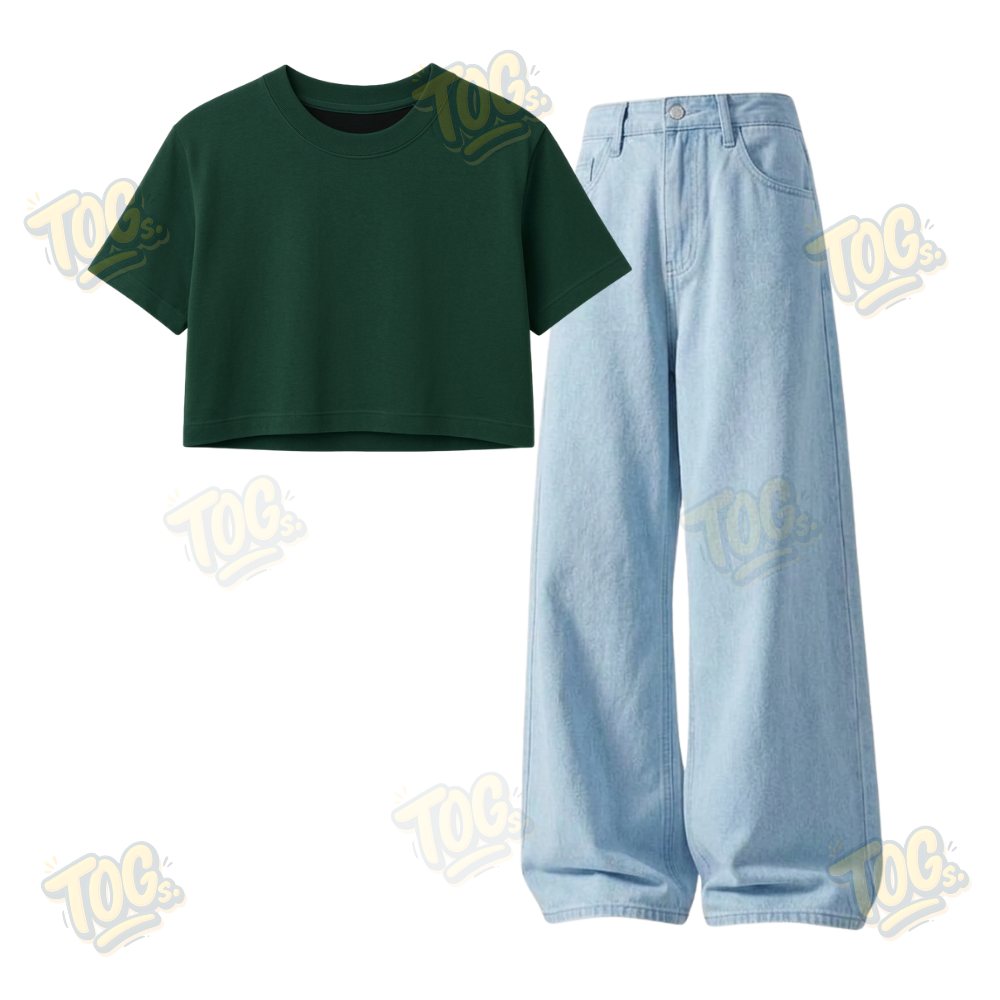 Iceblue Wide-Leg Baggy Jeans With Crop T-Shirt