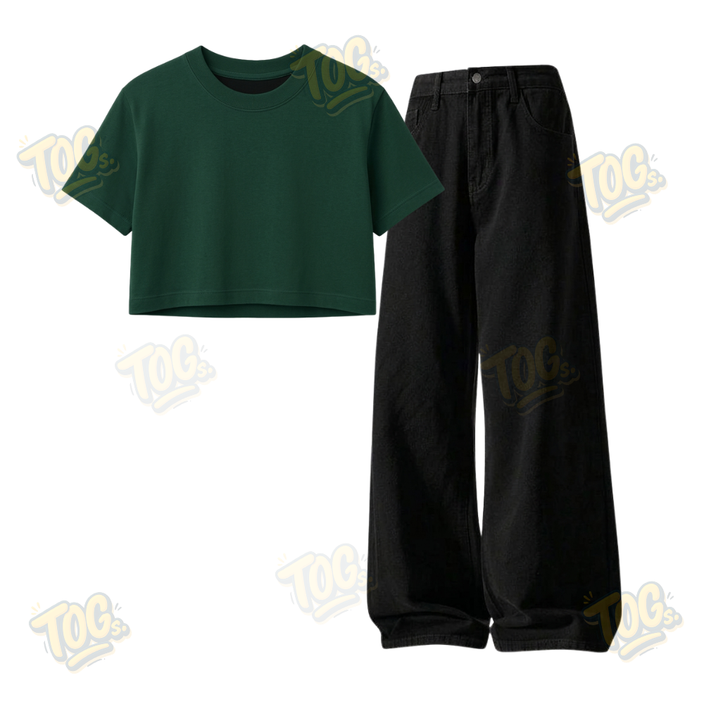 Black Wide-Leg Baggy Jeans With Crop T-Shirt