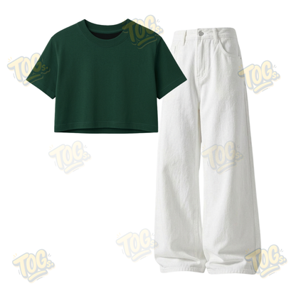 White Wide-Leg Baggy Jeans With Crop T-Shirt