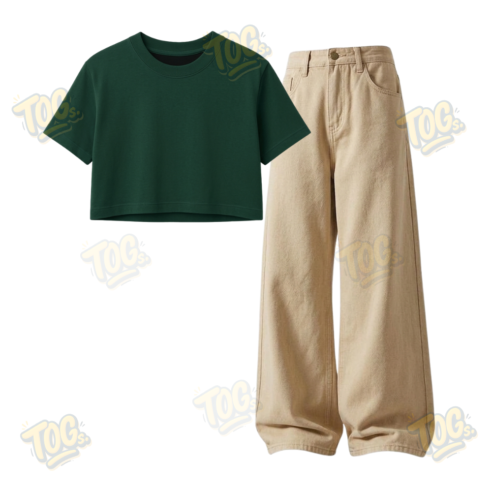 Beige Wide-Leg Baggy Jeans With Crop T-Shirt
