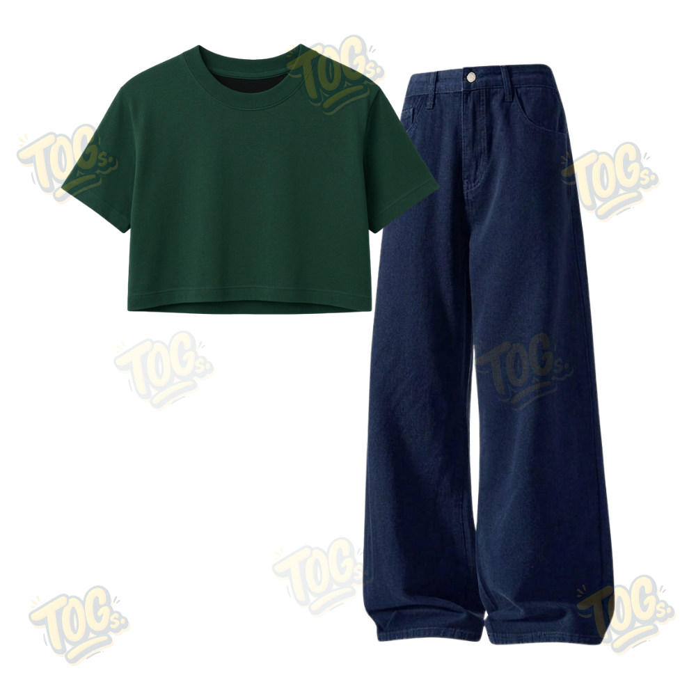 Darkblue Wide-Leg Baggy Jeans With Crop T-Shirt