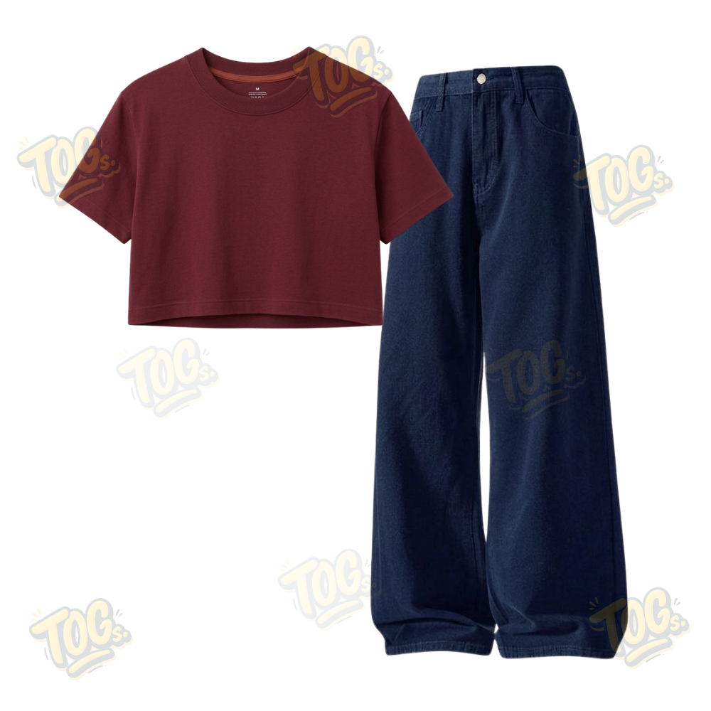 Darkblue Wide-Leg Baggy Jeans With Crop T-Shirt