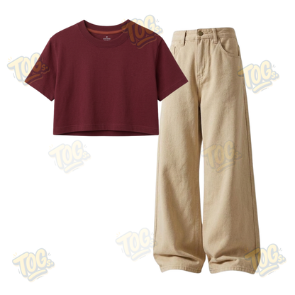 Beige Wide-Leg Baggy Jeans With Crop T-Shirt