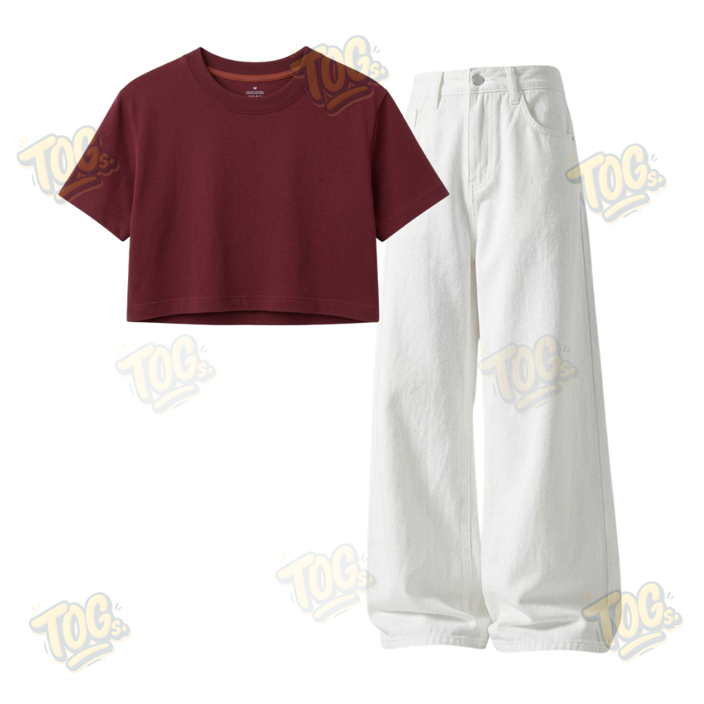 White Wide-Leg Baggy Jeans With Crop T-Shirt