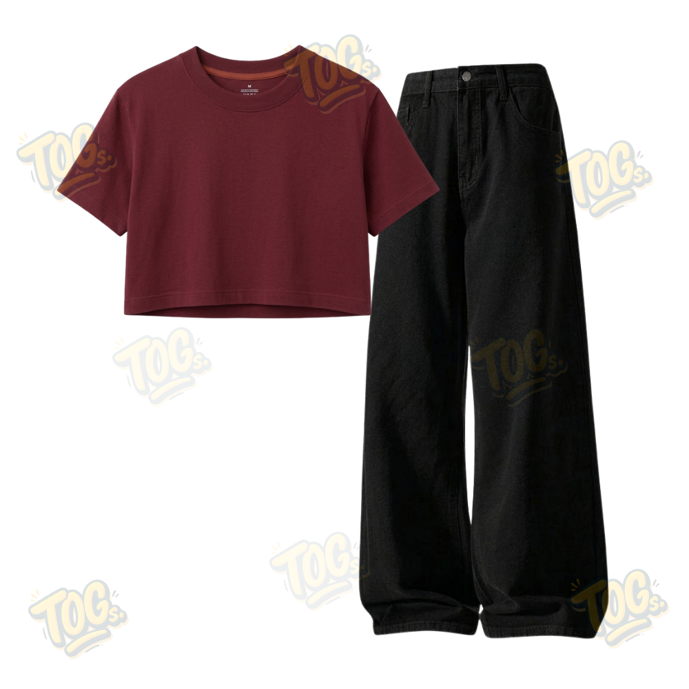 Black Wide-Leg Baggy Jeans With Crop T-Shirt