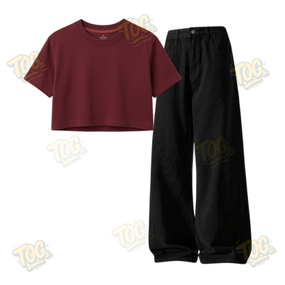 Black Wide-Leg Baggy Jeans With Crop T-Shirt