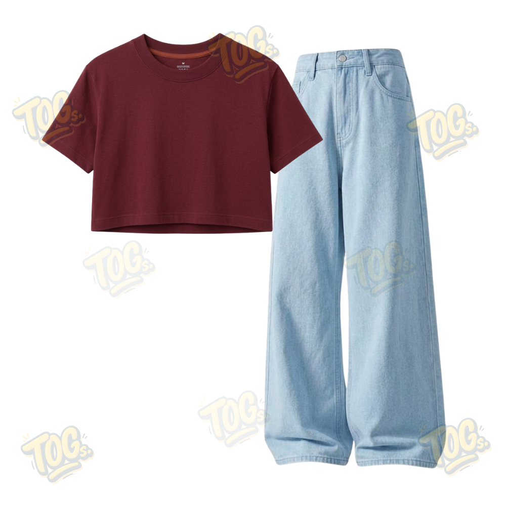 Iceblue Wide-Leg Baggy Jeans With Crop T-Shirt