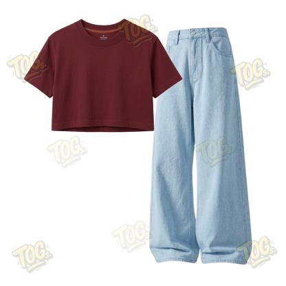 Iceblue Wide-Leg Baggy Jeans With Crop T-Shirt