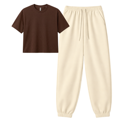 Cream Sweatpant With Crop T-Shirt