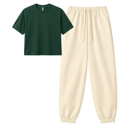 Cream Sweatpant With Crop T-Shirt