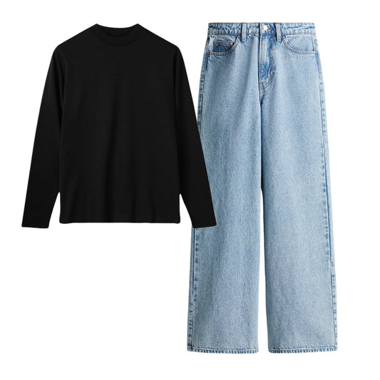 Black Full Sleeves Tee With Ice Blue Jeans