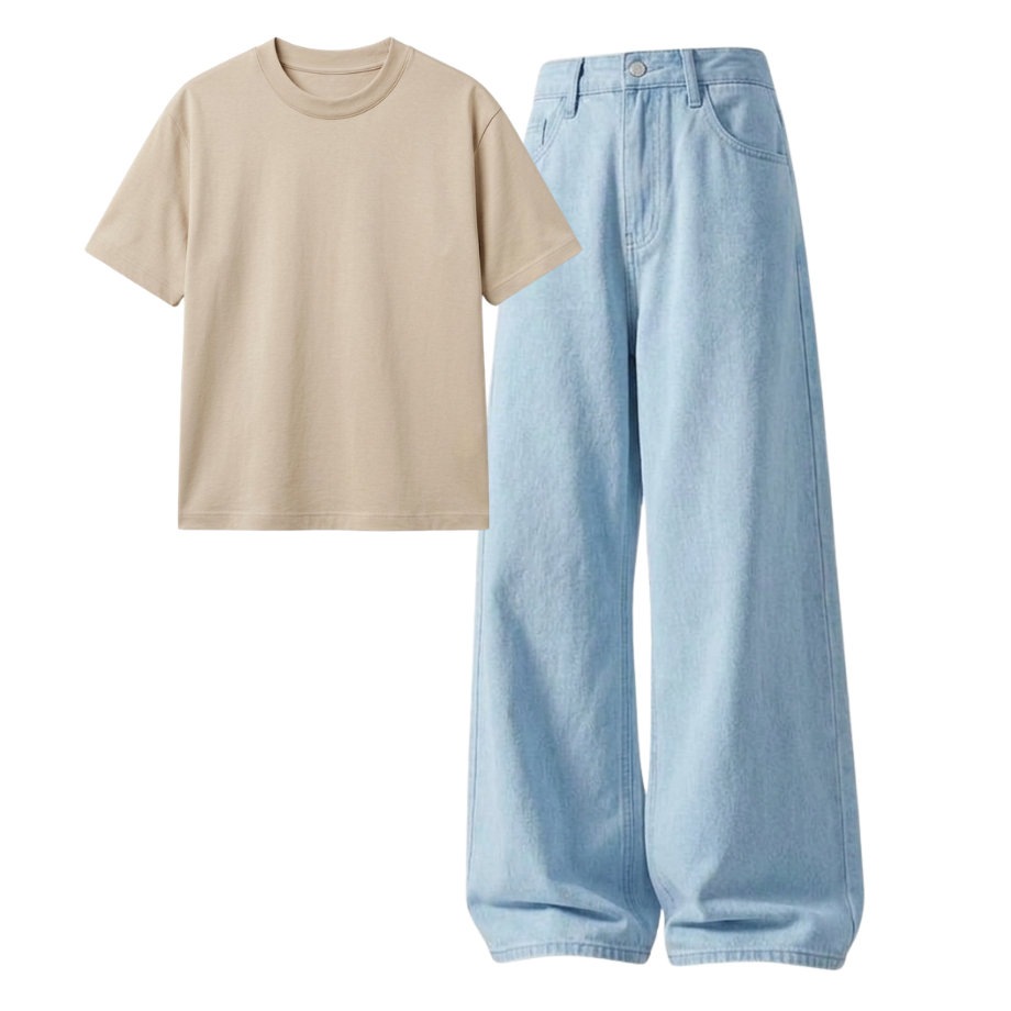 Iceblue Wide-Leg Baggy Jeans With Regular T-Shirt