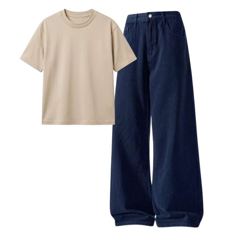 Darkblue Wide-Leg Baggy Jeans With Regular T-Shirt