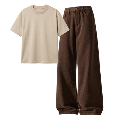 Brown Wide-Leg Baggy Jeans With Regular T-Shirt