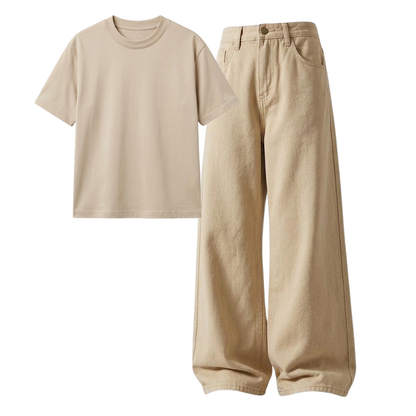 Beige Wide-Leg Baggy Jeans With Regular T-Shirt