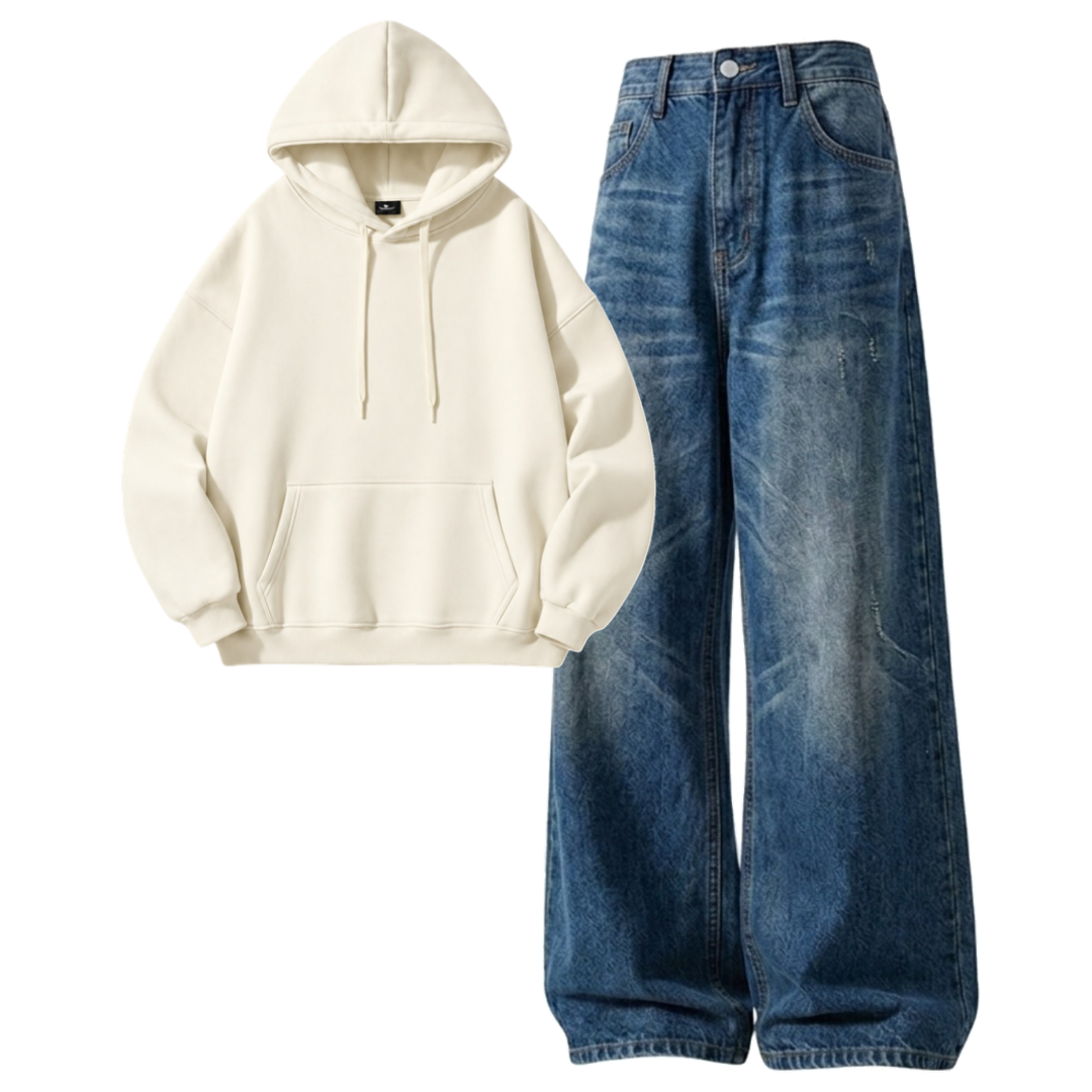 Navyblue Vintage Baggy Jeans With Hoodie