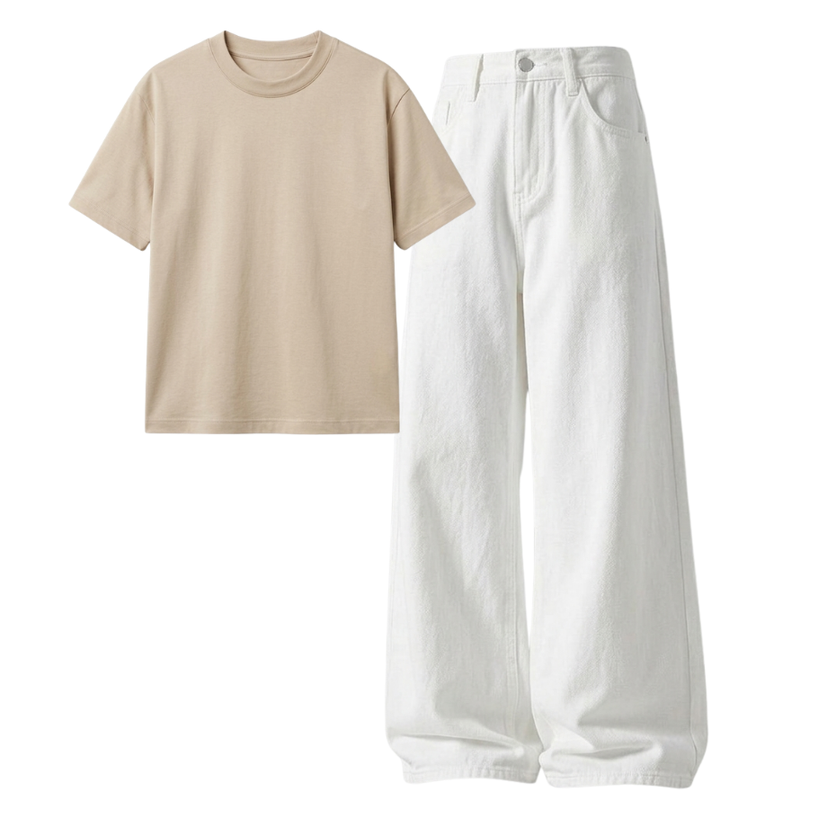 White Wide-Leg Baggy Jeans With Regular T-Shirt