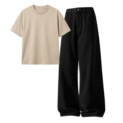 Black Wide-Leg Baggy Jeans With Regular T-Shirt