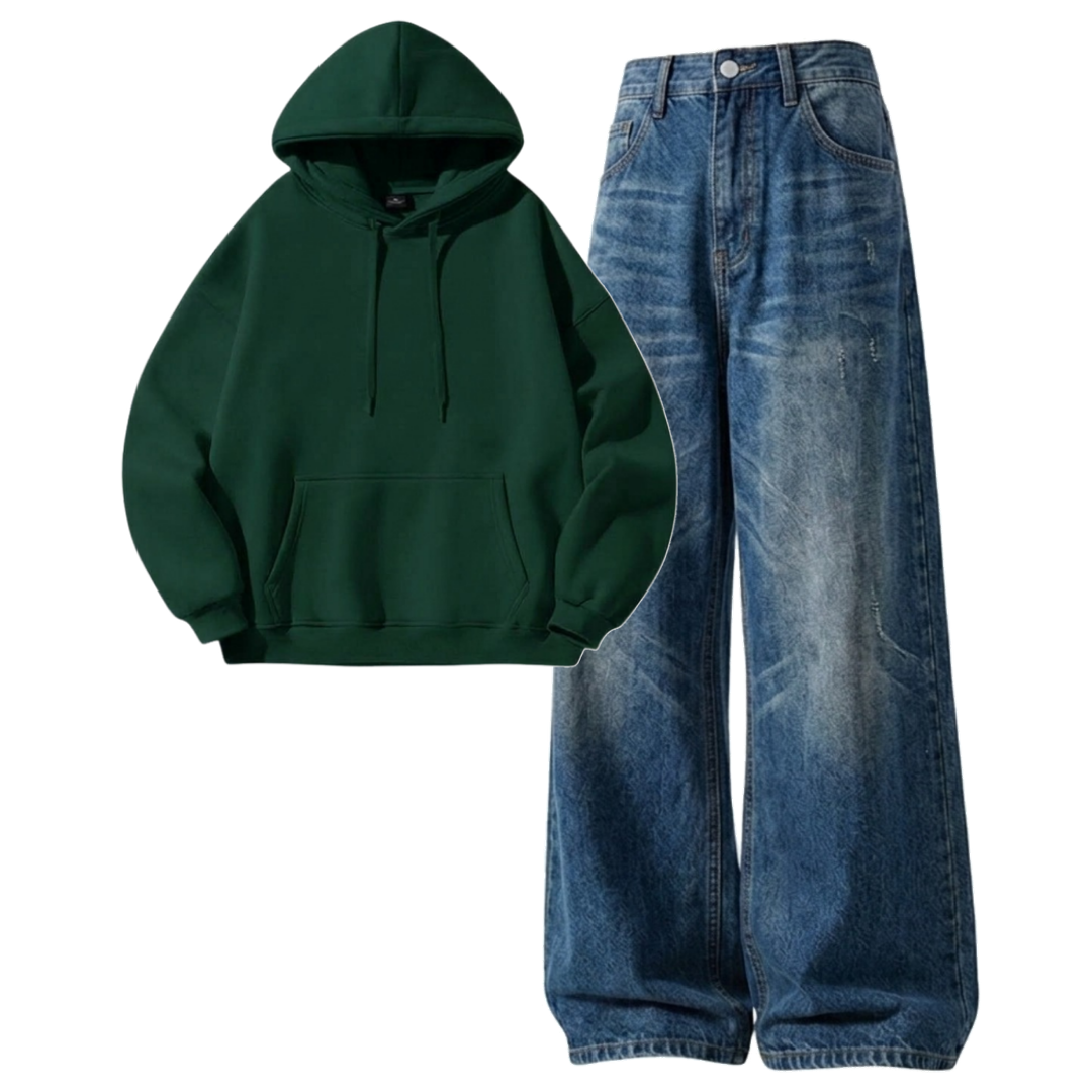 Navyblue Vintage Baggy Jeans With Hoodie