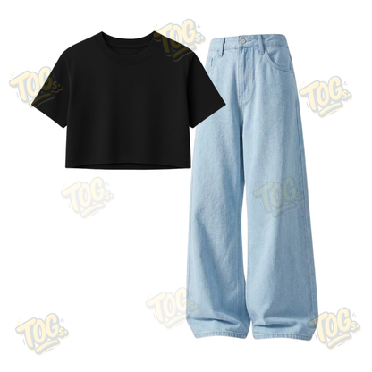 Iceblue Wide-Leg Baggy Jeans With Crop T-Shirt