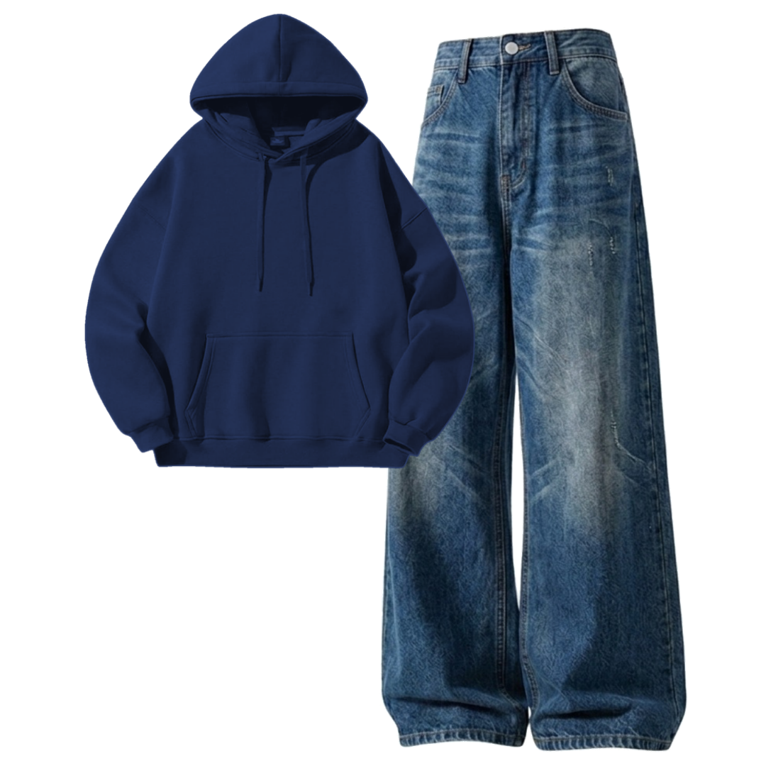 Navyblue Vintage Baggy Jeans With Hoodie