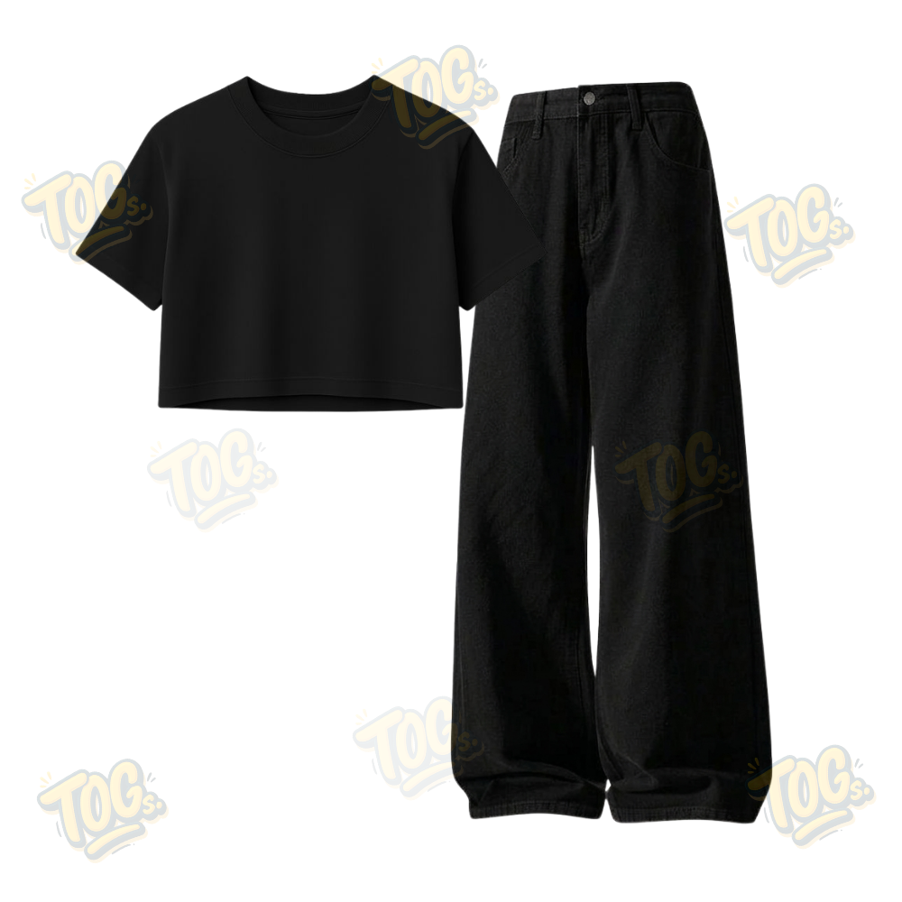 Black Wide-Leg Baggy Jeans With Crop T-Shirt