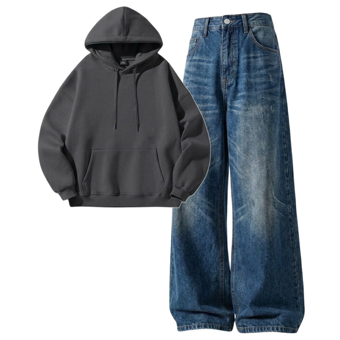 Navyblue Vintage Baggy Jeans With Hoodie