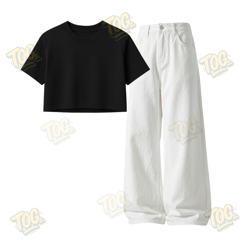White Wide-Leg Baggy Jeans With Crop T-Shirt