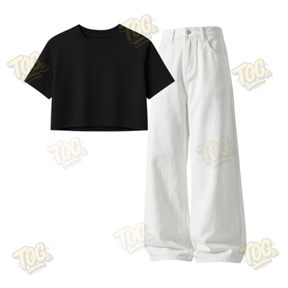 White Wide-Leg Baggy Jeans With Crop T-Shirt