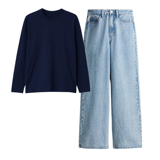 Navy Blue Full Sleeves Tee With Ice Blue Jeans