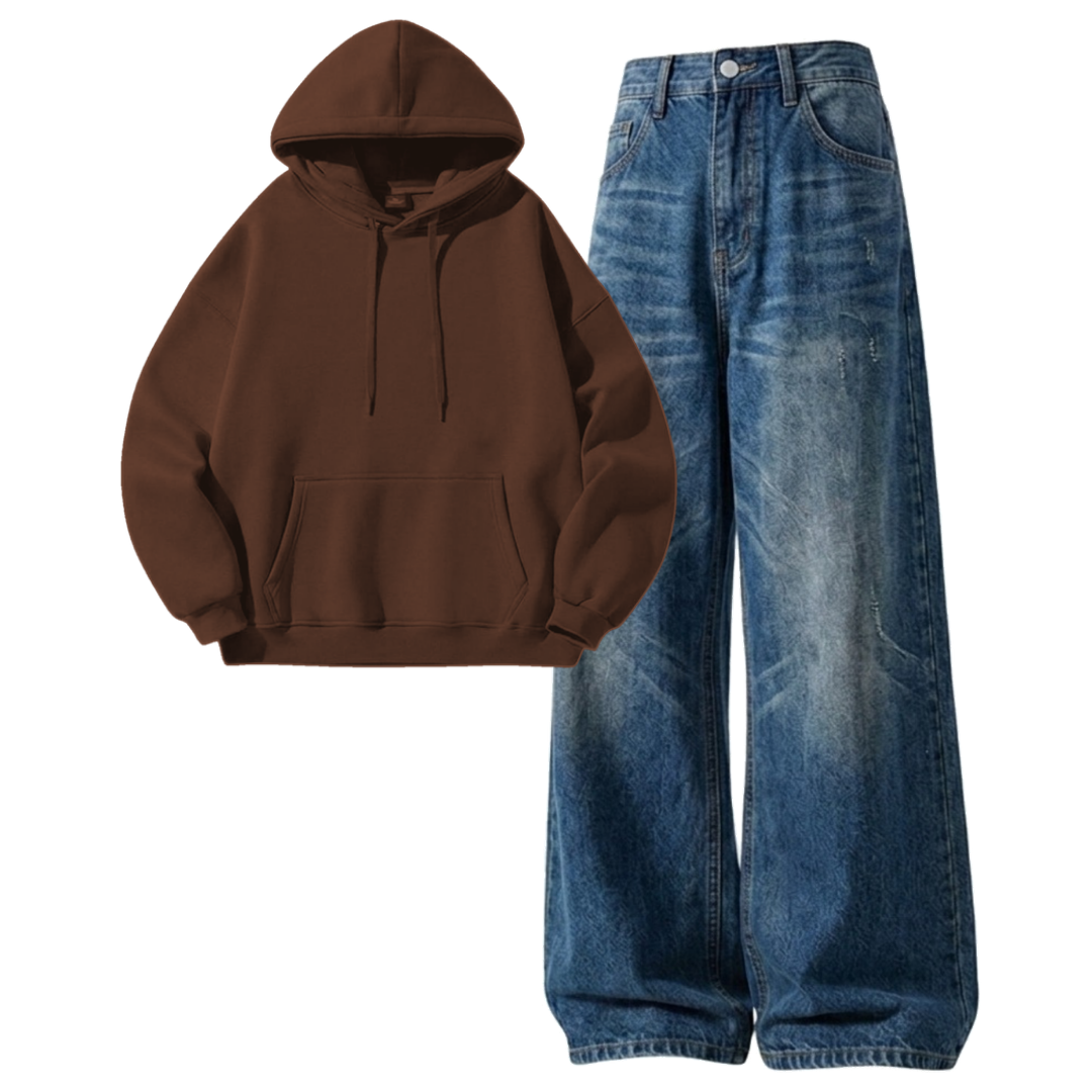 Navyblue Vintage Baggy Jeans With Hoodie